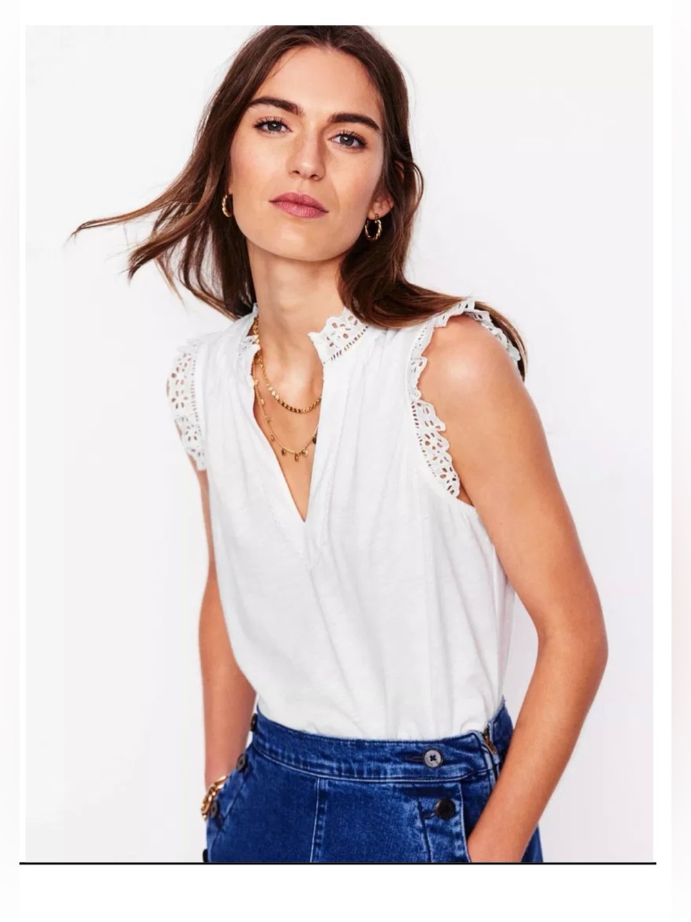 Boden Aria Broderie Trim Vest Tank Top White Cotton Blend Size 8